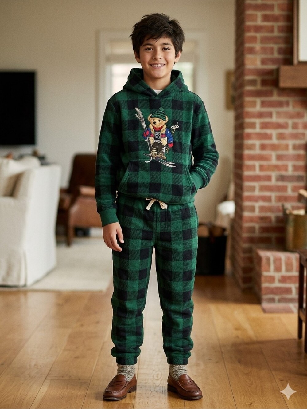 Polo Ralph Lauren Kids Ski Bear Green Plaid Fleece Hoodie & Joggers Set